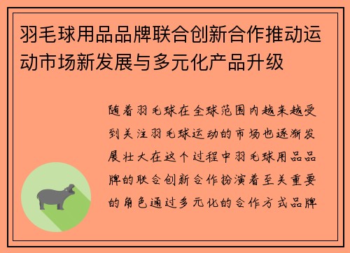 羽毛球用品品牌联合创新合作推动运动市场新发展与多元化产品升级